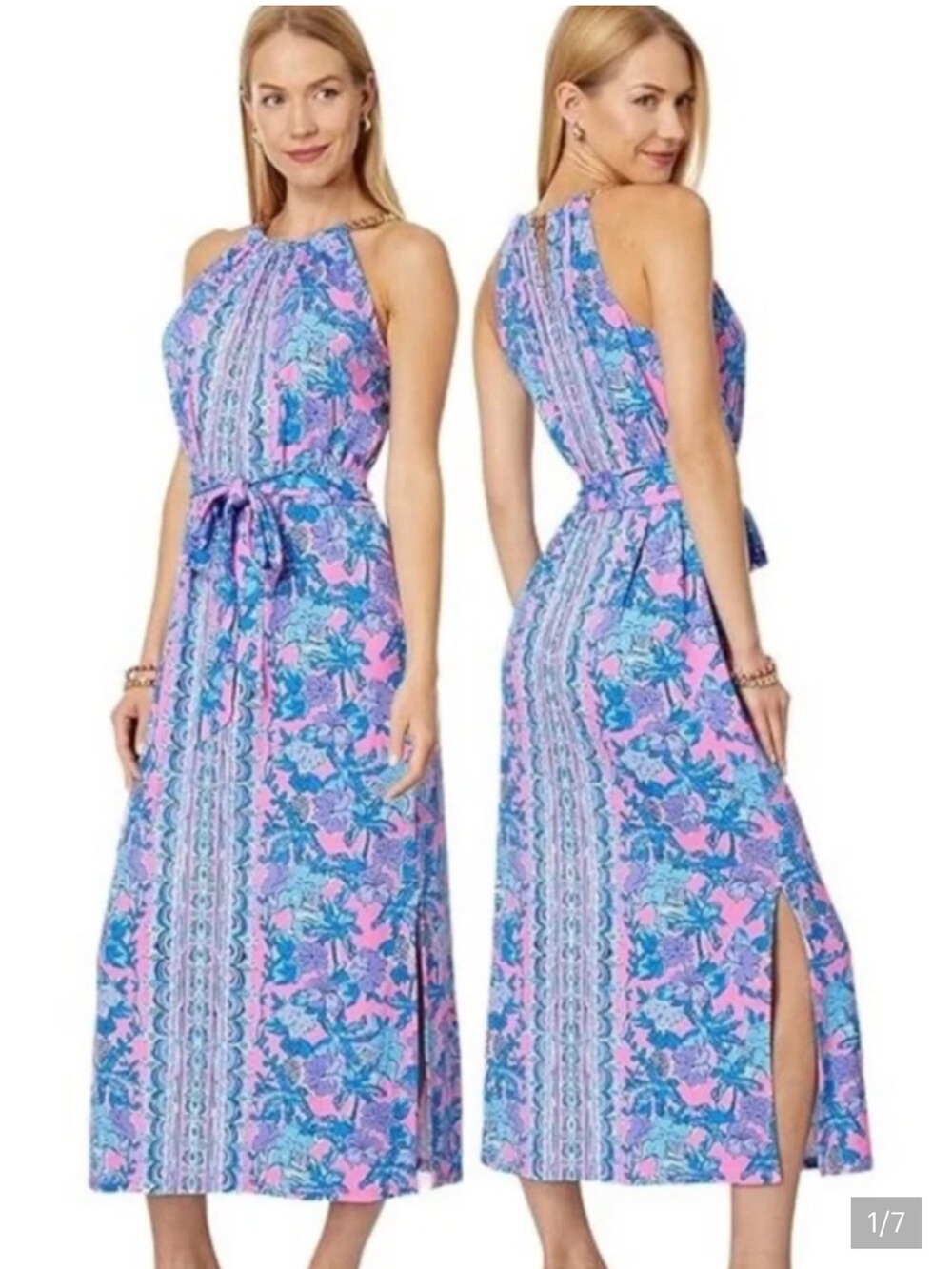Lilly Pulitzer Bingham Halter Midi Dress Soleil Pink Palm Paradise
